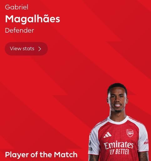 NBA直播-定海神针，加布里埃尔当选布莱顿vs阿森纳全场最佳球员